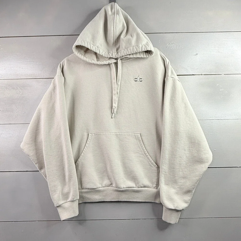 Alo Yoga Accolade Hoodie Sweatshirt Unisex Medium Cream Chrome Logo